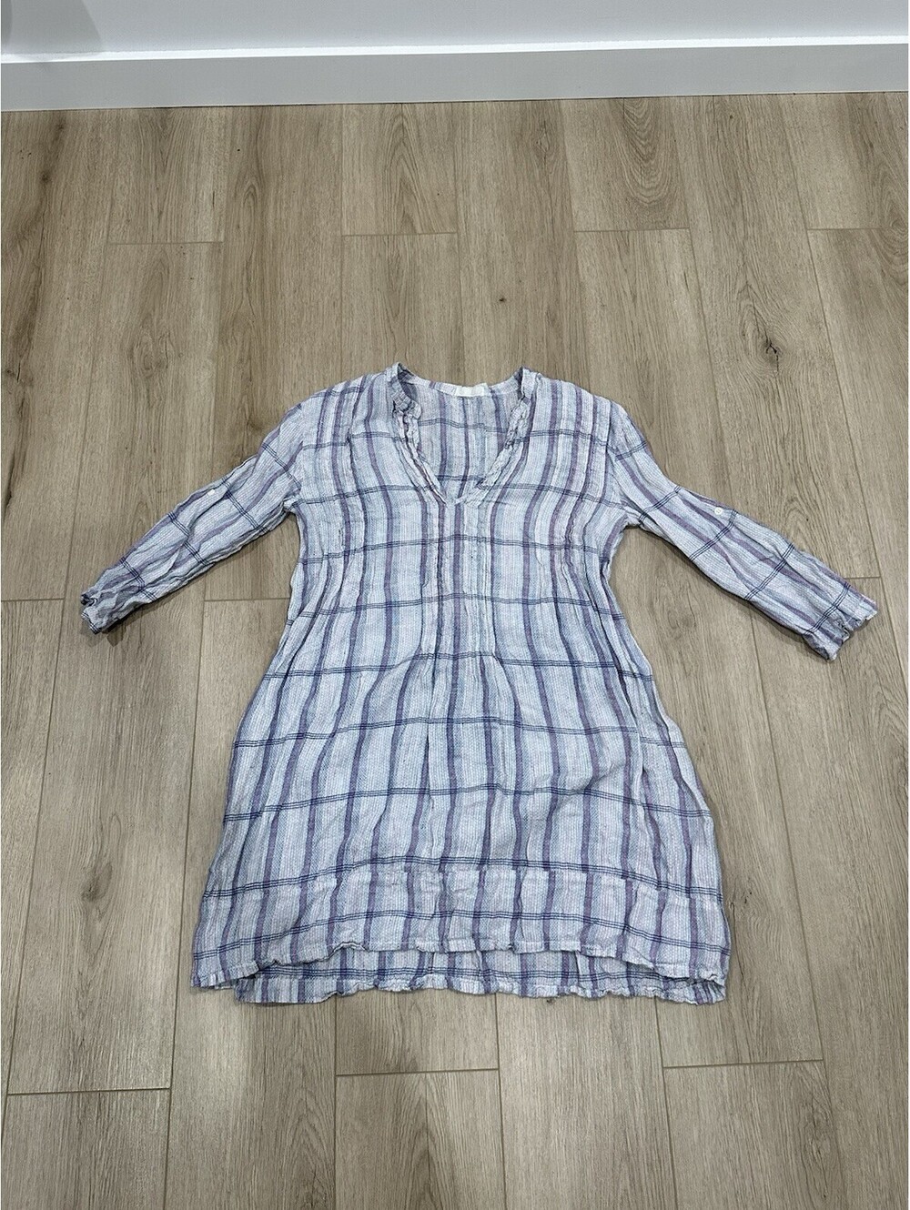 CP Shades Regina Linen Tunic Top Blue Grey Plaid Pintuck Roll Tab Sleeve Large